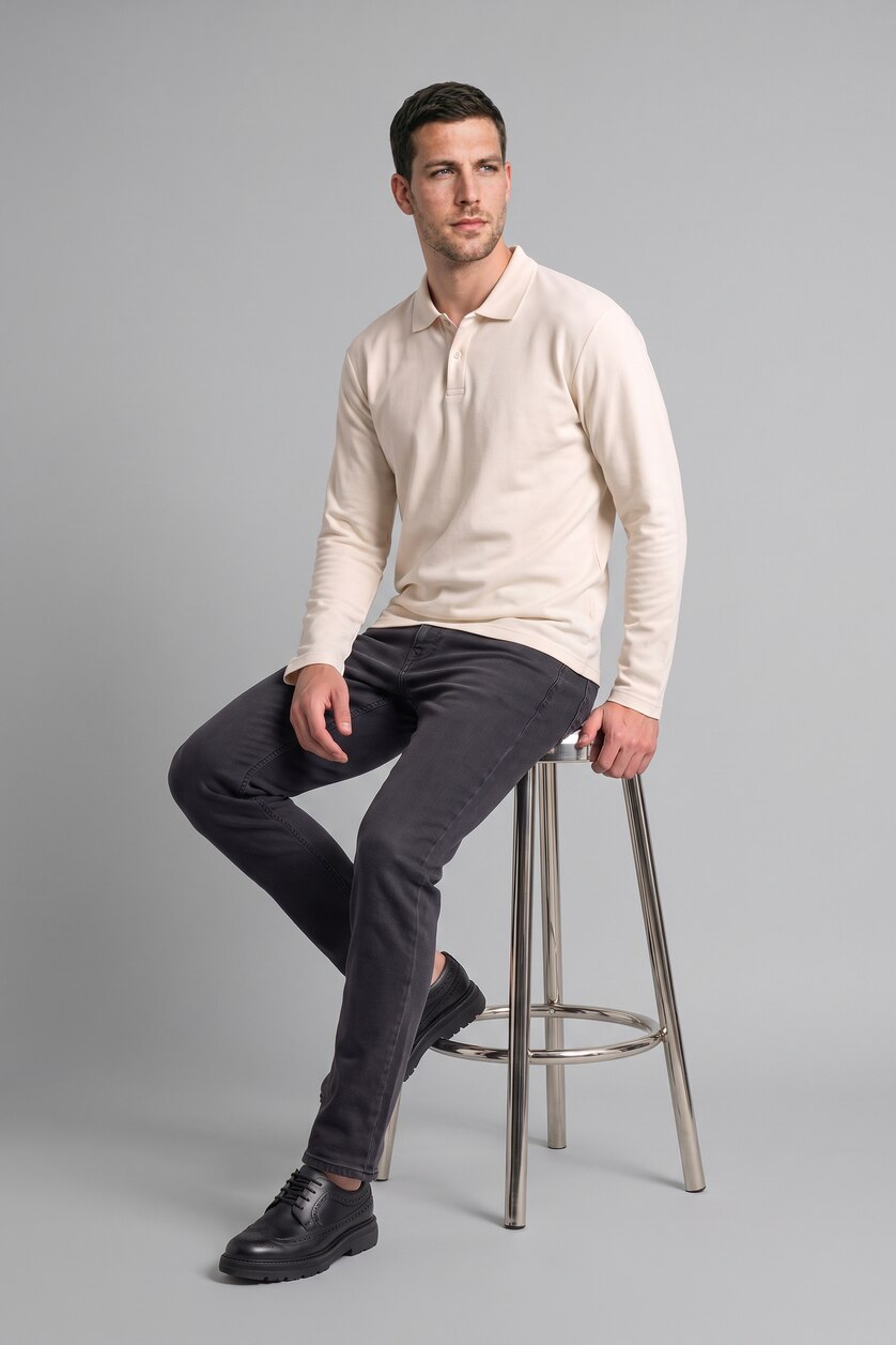 Men White Regular Fit Pique Long Sleeve T-Shirt
