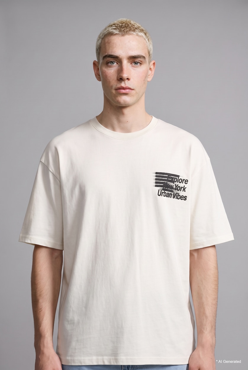 رجالي بيج فاتح Boxy Fit Short Sleeve T-Shirt
