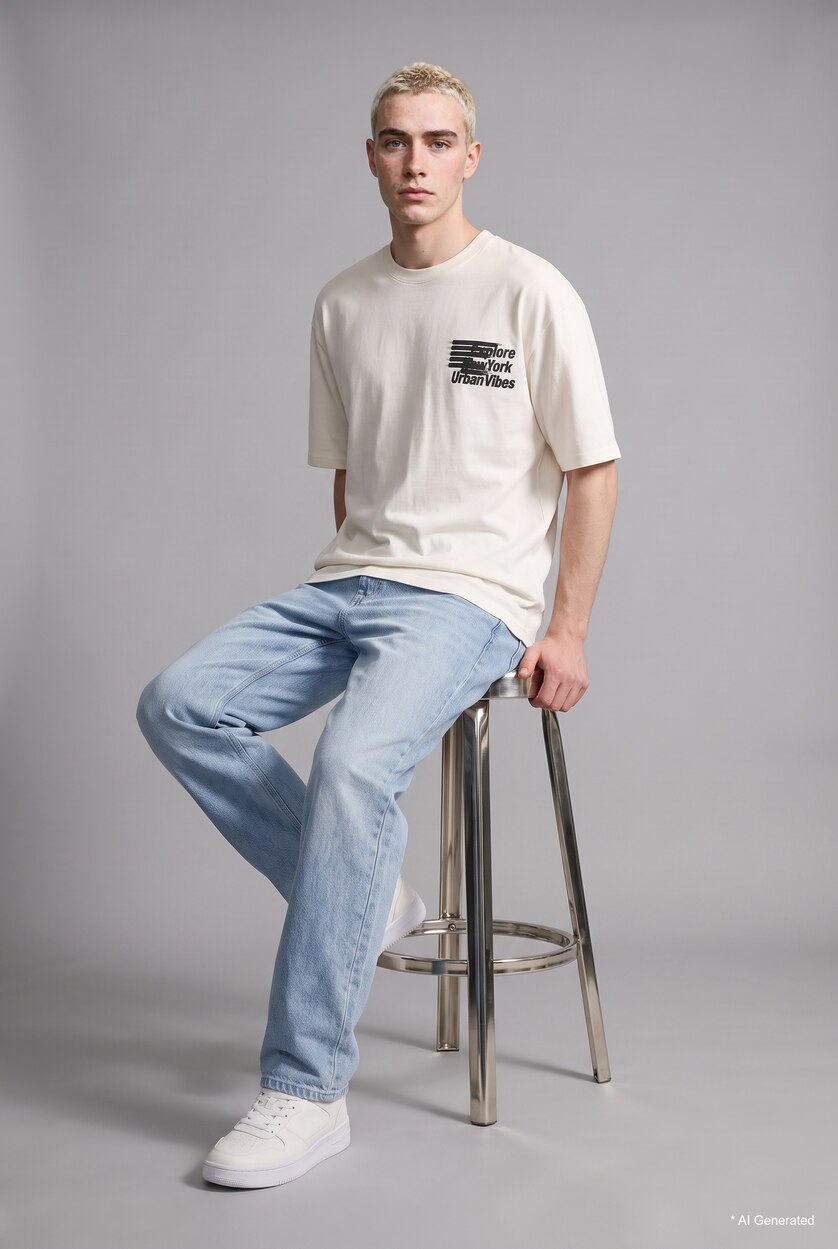رجالي بيج فاتح Boxy Fit Short Sleeve T-Shirt
