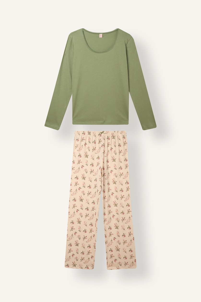 Kadın Haki Çiçekli Regular Fit 2'li Pijama Takımı