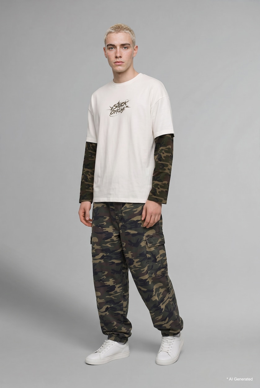 Men Ecru Boxy Fit Long Sleeve T-Shirt