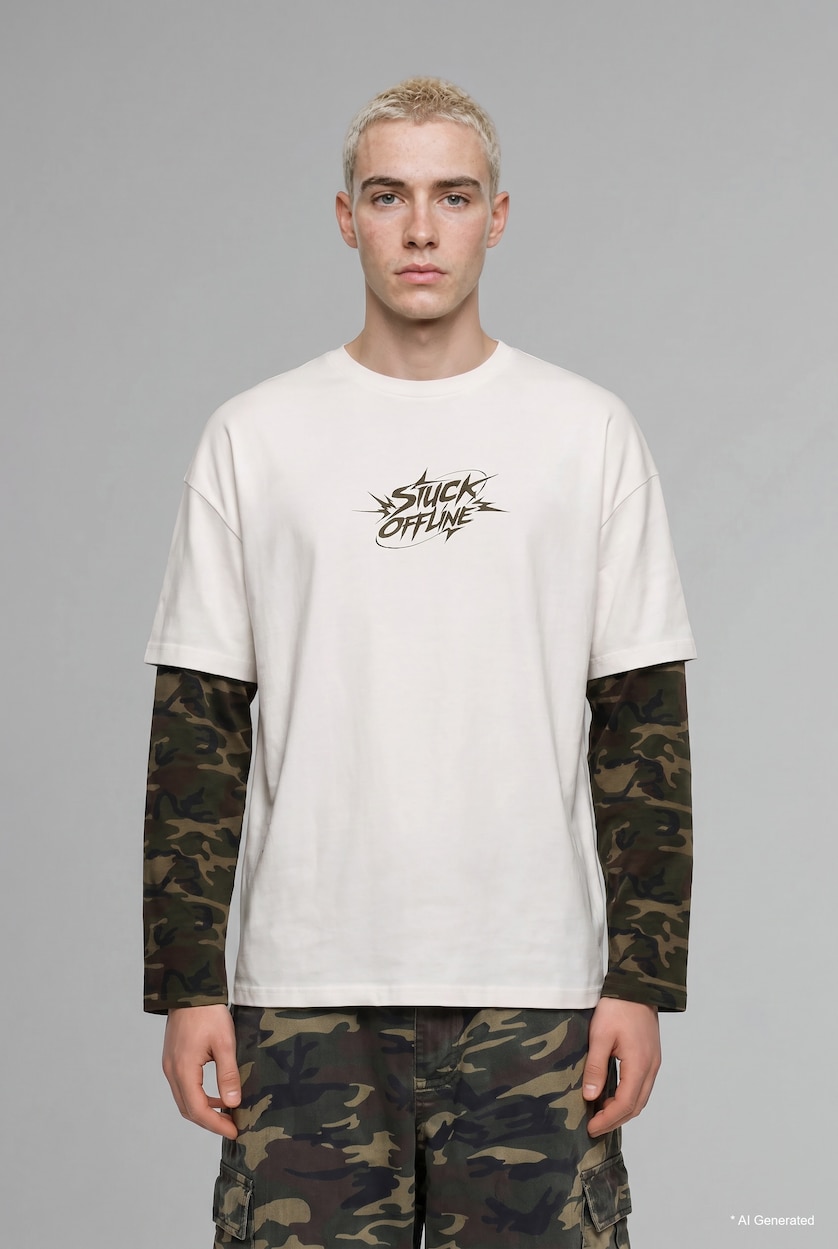 Men Ecru Boxy Fit Long Sleeve T-Shirt
