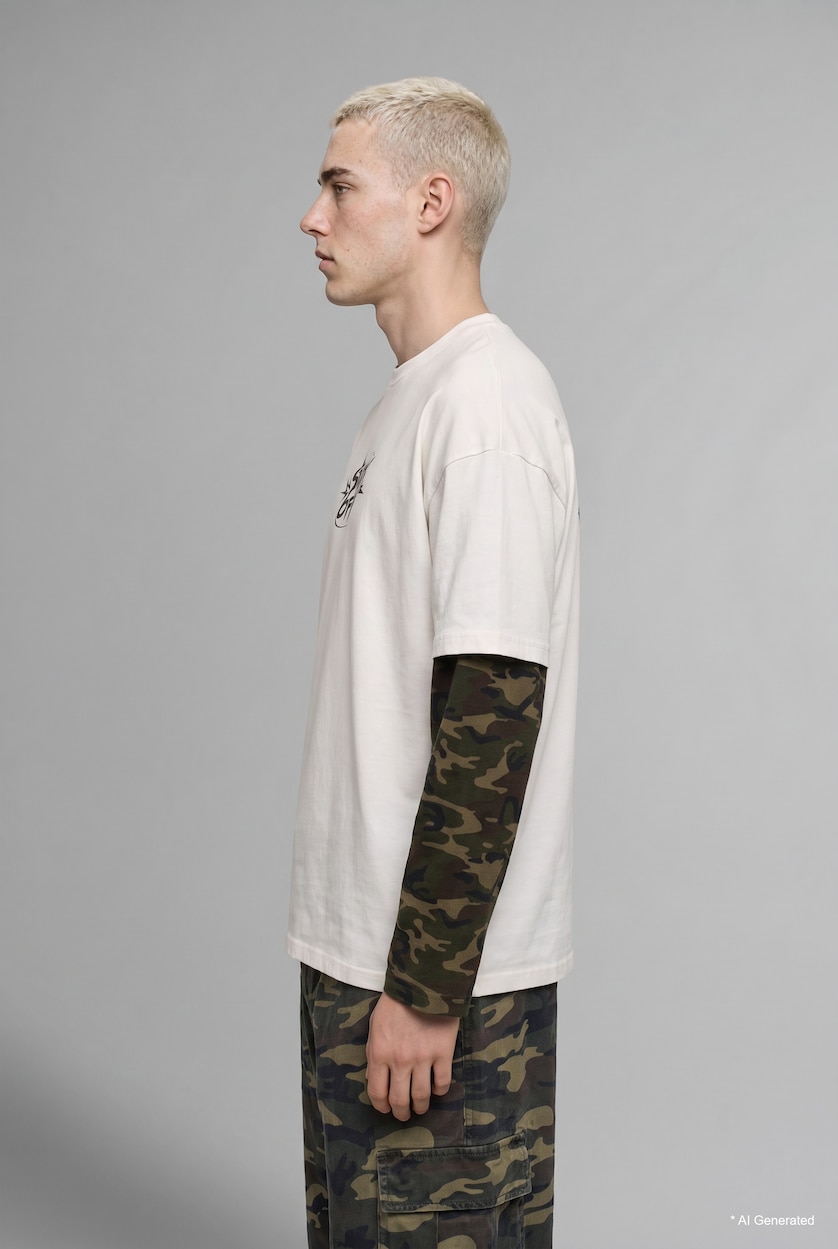 Men Ecru Boxy Fit Long Sleeve T-Shirt