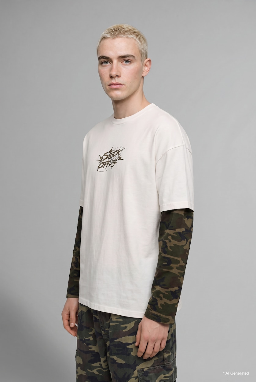 Men Ecru Boxy Fit Long Sleeve T-Shirt