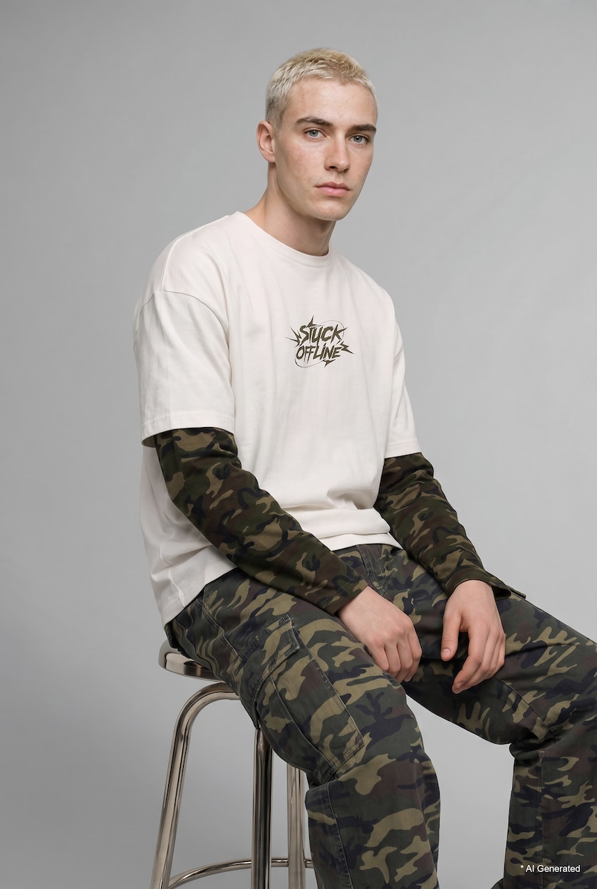 Men Ecru Boxy Fit Long Sleeve T-Shirt
