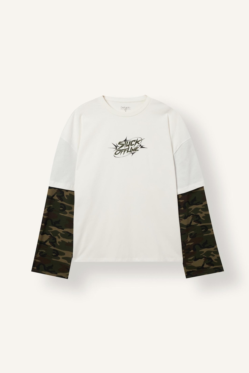 Men Ecru Boxy Fit Long Sleeve T-Shirt