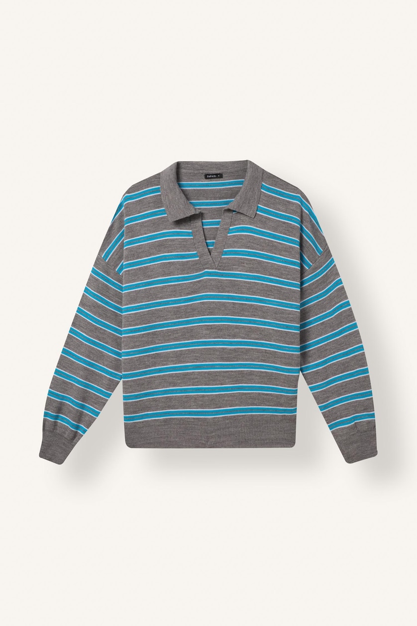 Kadın Açık Gri Relaxed Fit Polo Yaka Çizgili Kazak