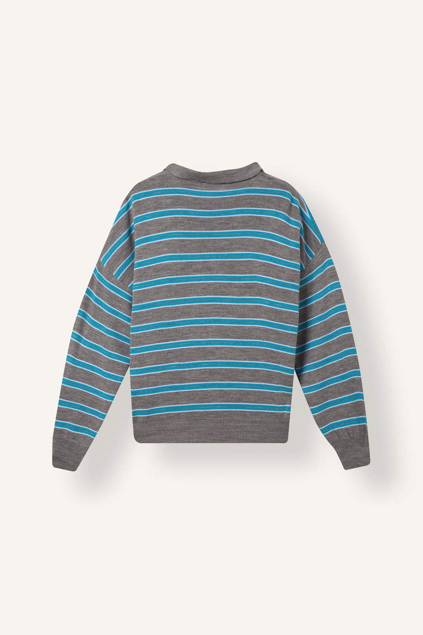 Kadın Açık Gri Relaxed Fit Polo Yaka Çizgili Kazak