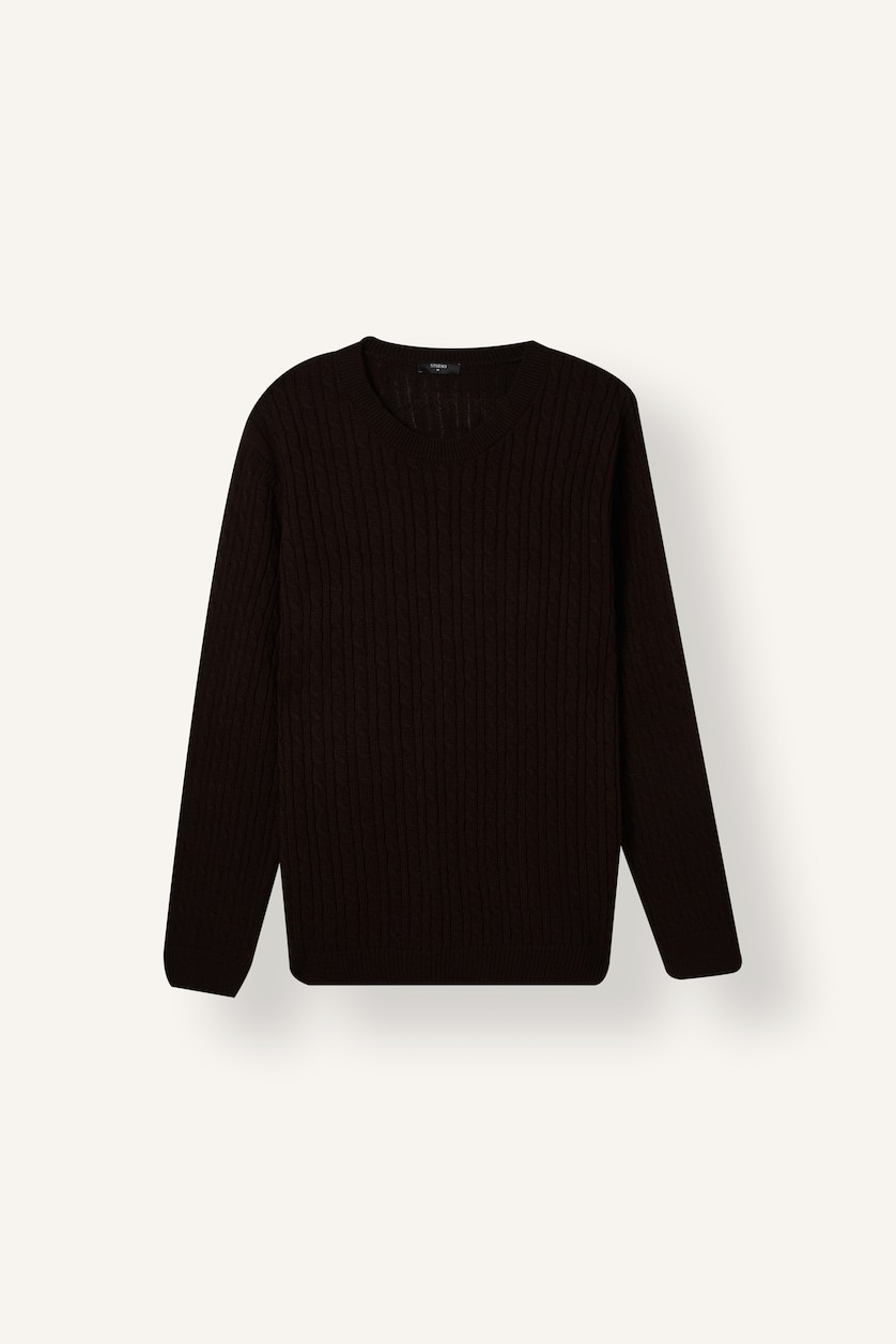 Erkek Kahve Regular Fit Fitilli Triko Basic Kazak
