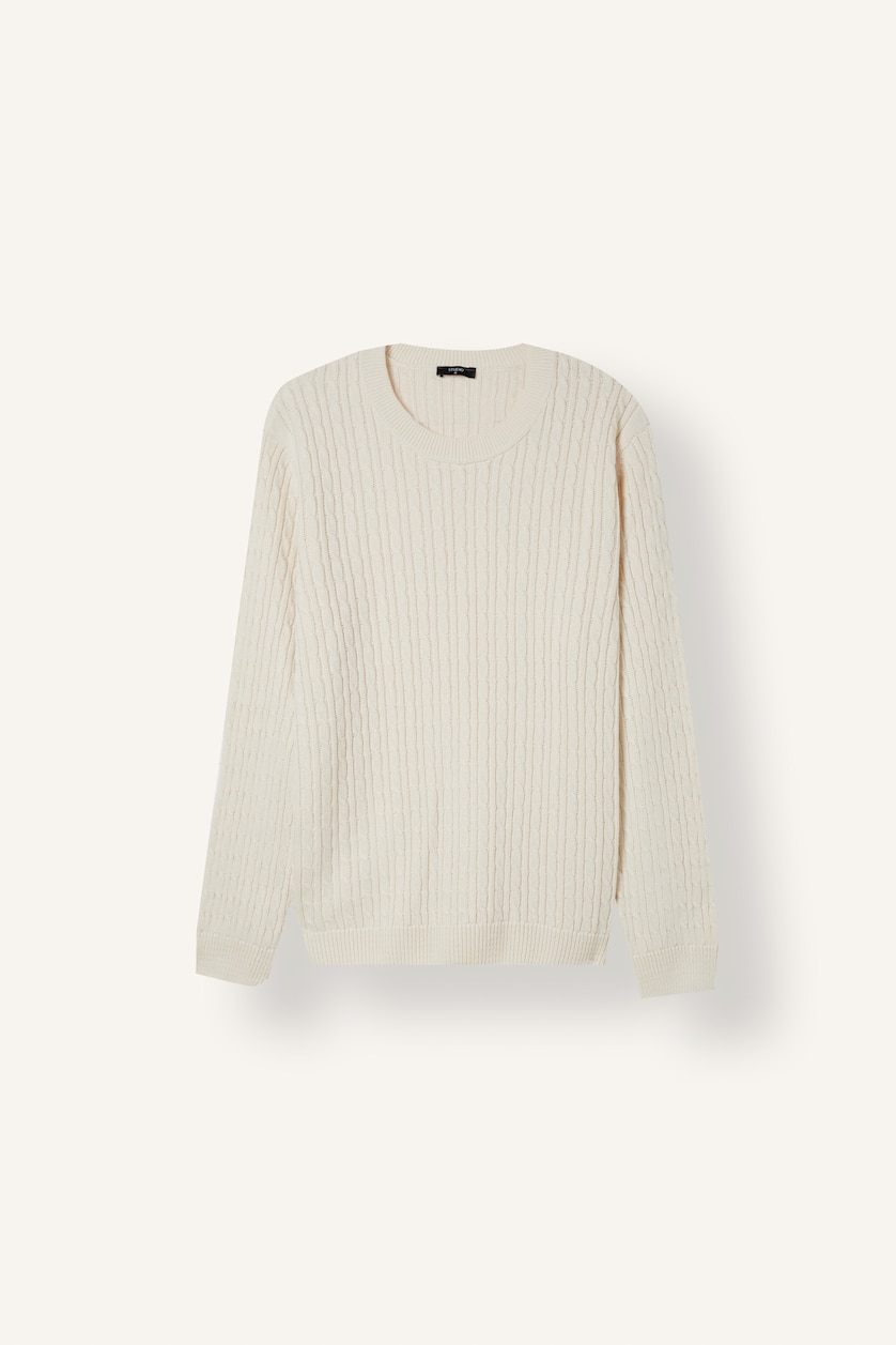 Erkek Ekru Regular Fit Fitilli Triko Basic Kazak