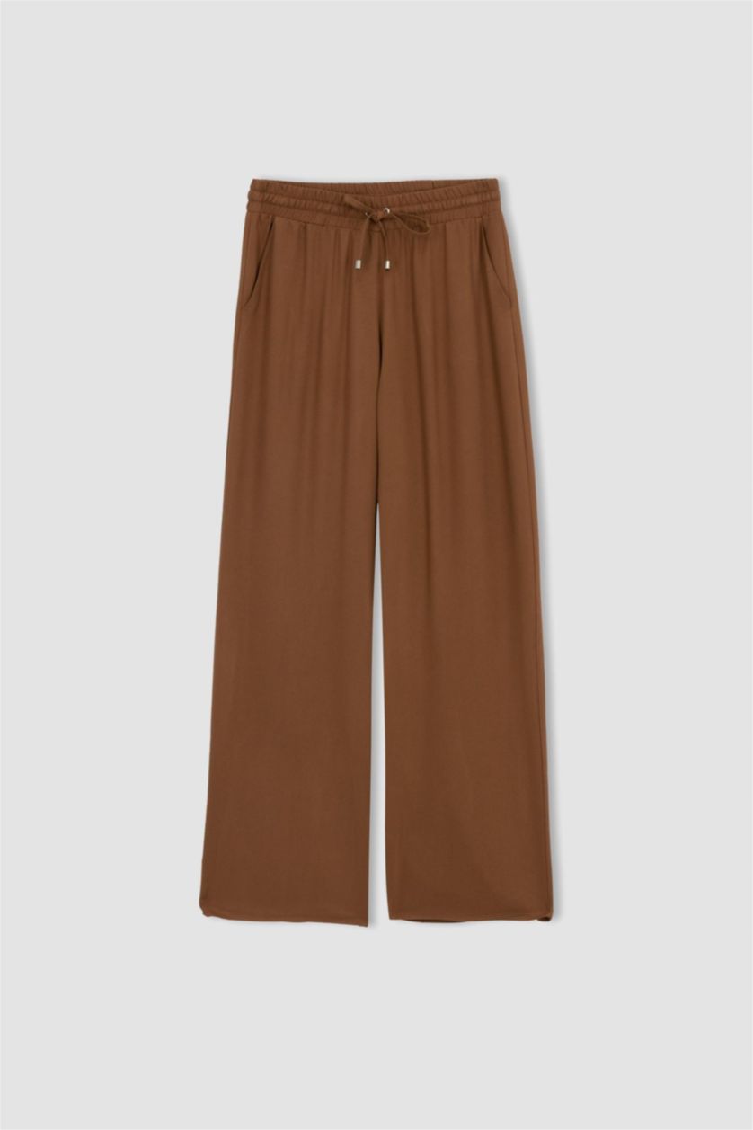 نساء بني بنطلون فيسكوز فلورايدا وايد ليج بجيب