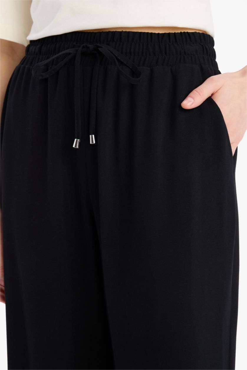 Kadın Siyah Florida Belmando Kumaş Palazzo Pantolon Cepli Yüksek Bel Geniş Paça