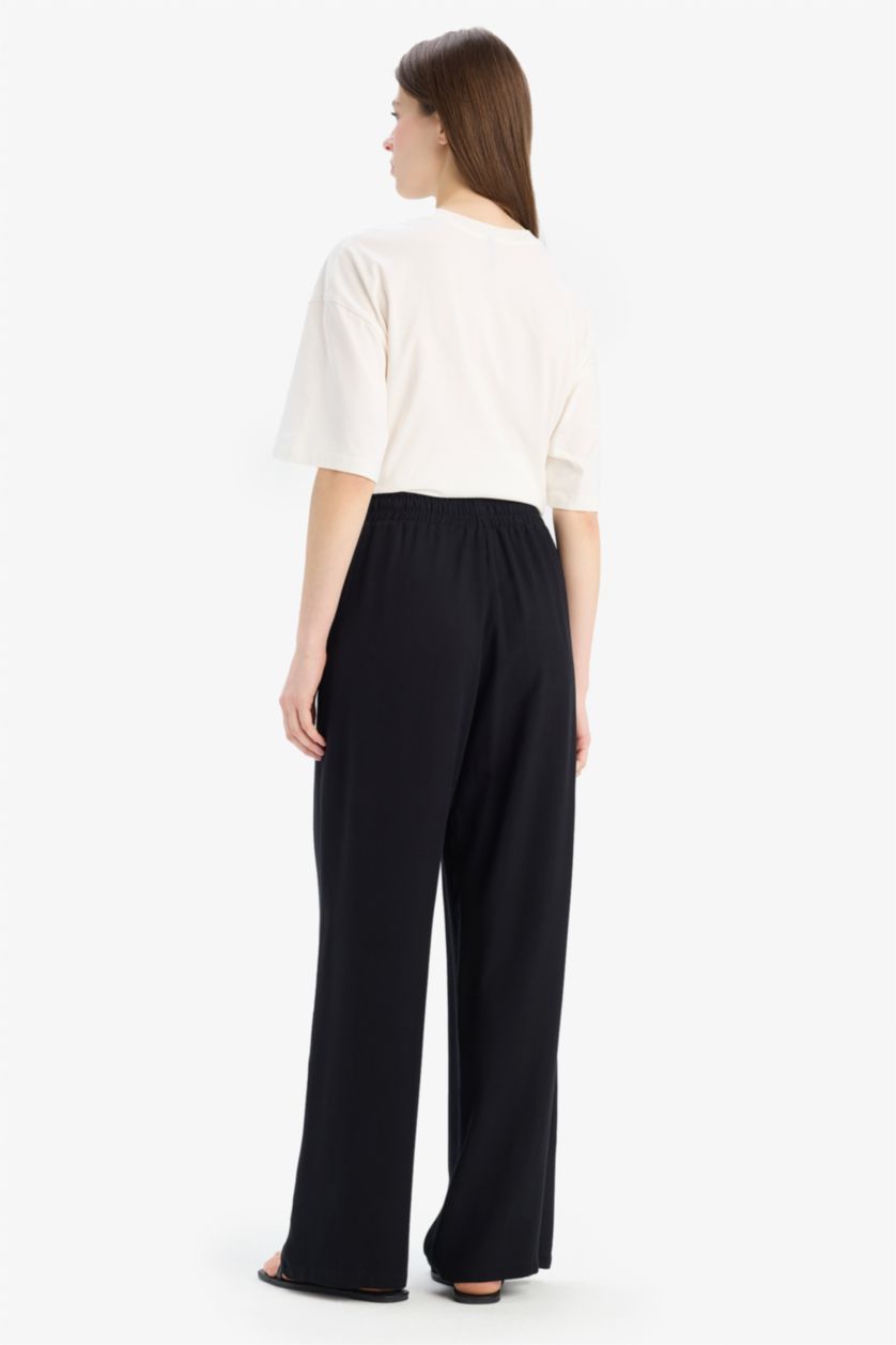 Kadın Siyah Florida Belmando Kumaş Palazzo Pantolon Cepli Yüksek Bel Geniş Paça