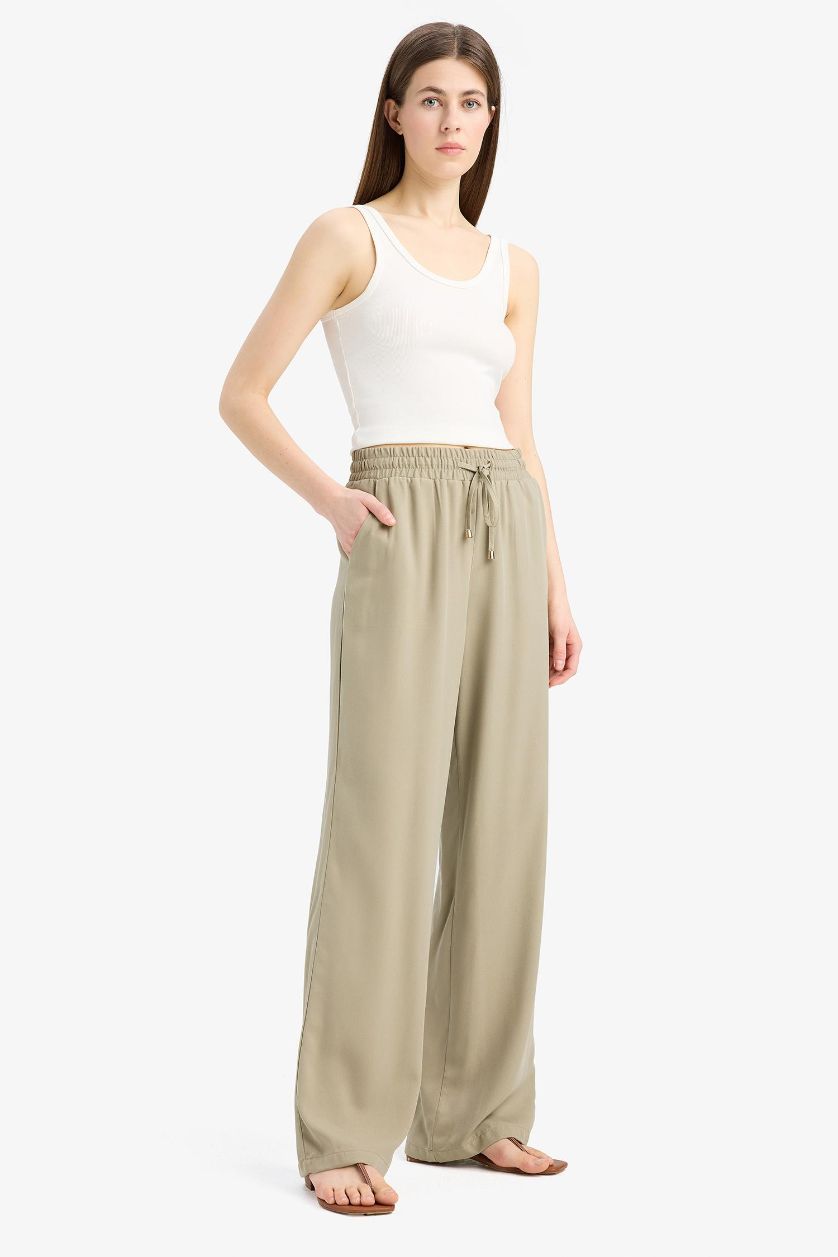 Woman Light Khaki Florida Belmando Fabric High Waist Wide Leg Trousers
