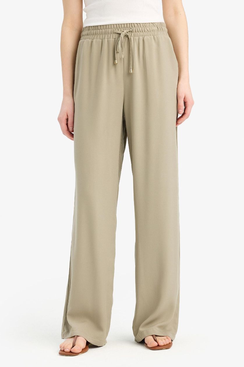 Woman Light Khaki Florida Belmando Fabric High Waist Wide Leg Trousers