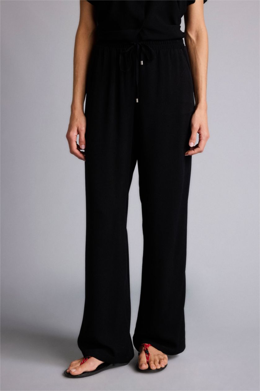 Kadın Siyah Florida Florıda Cepli Yüksek Bel Geniş Paça Belmando Pantolon