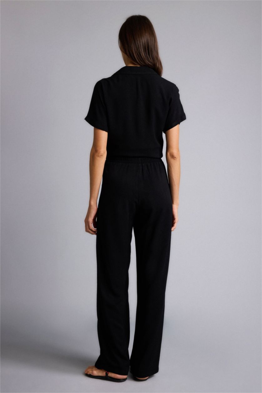 Kadın Siyah Florida Florıda Cepli Yüksek Bel Geniş Paça Belmando Pantolon