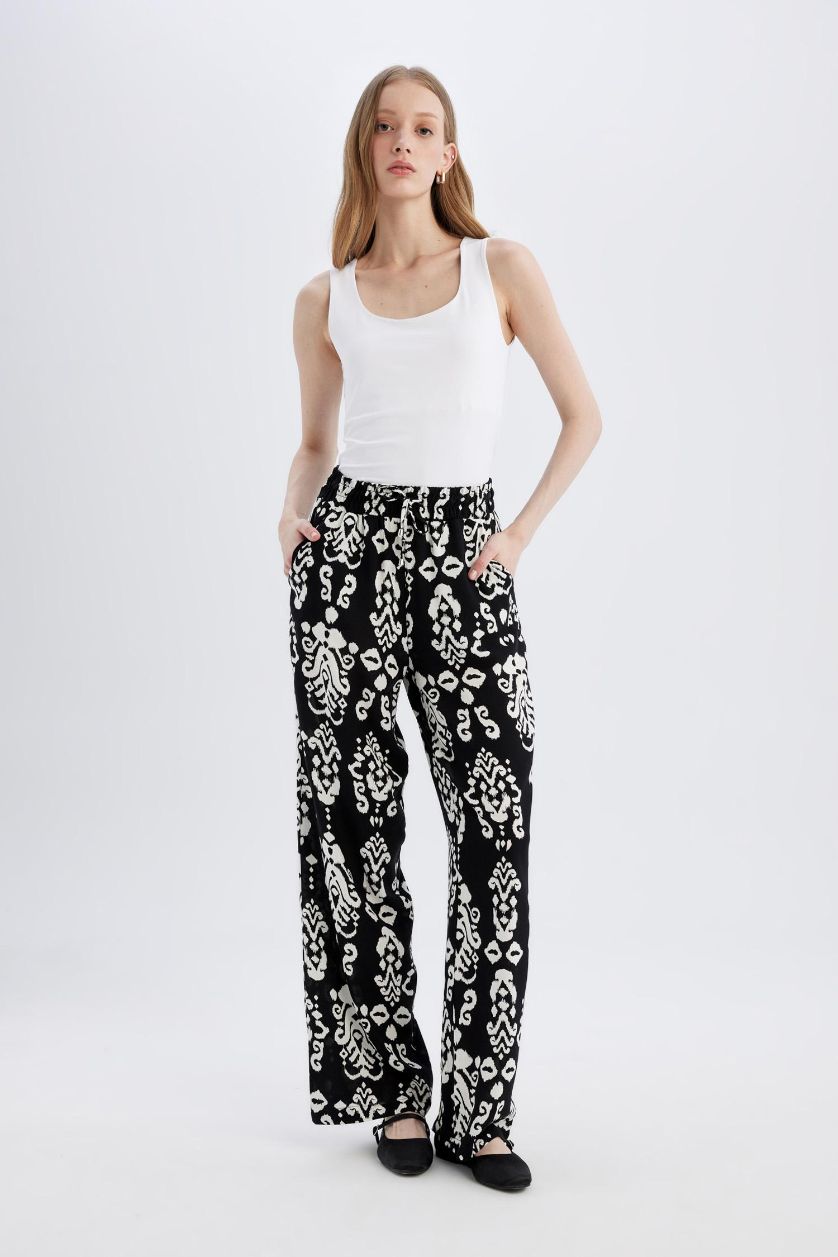 نساء أسود بنطرون فلورايدا وايد ليج برجل واسع بجيب وخصر عالي