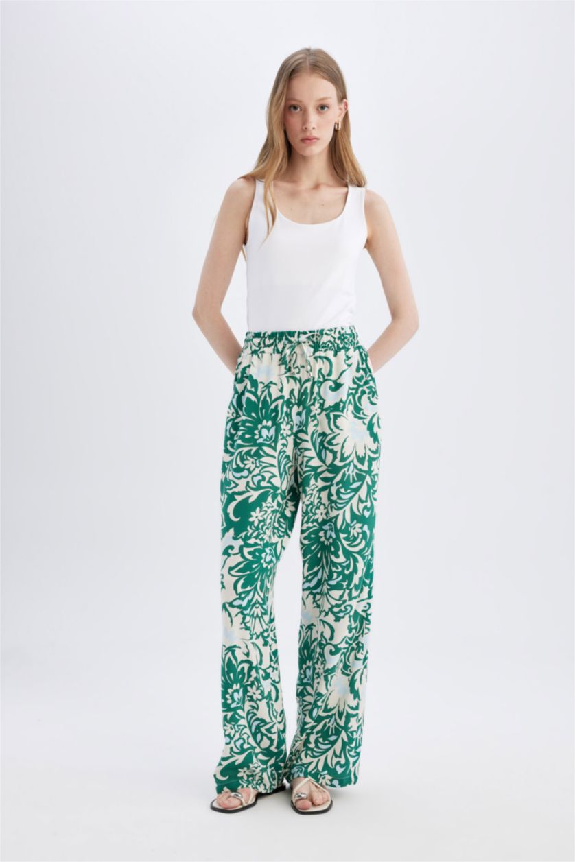 Woman Green High Waist Wide Leg Trousers