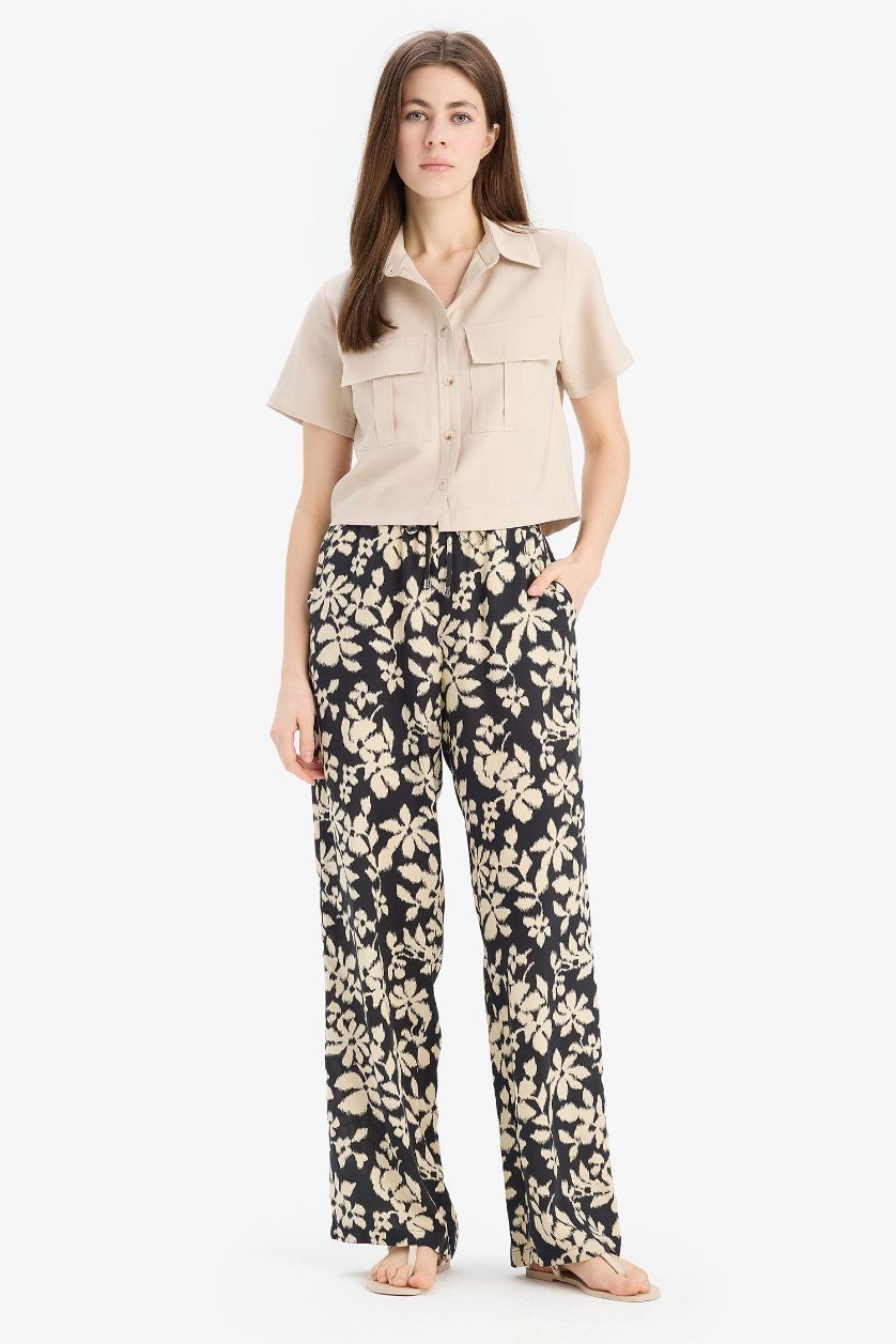 Kadın Siyah Florida Desenli Viskon Kumaş Palazzo Pantolon Cepli Yüksek Bel Geniş Paça