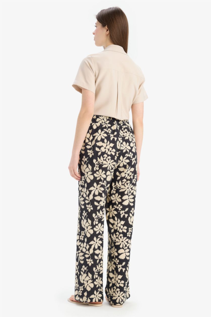 Kadın Siyah Florida Desenli Viskon Kumaş Palazzo Pantolon Cepli Yüksek Bel Geniş Paça