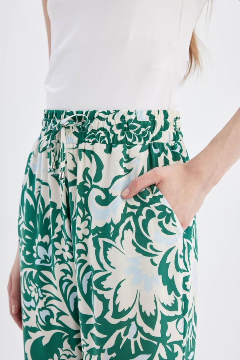 Woman Green Florida High Waist Wide Leg Viscose Fabric Trousers