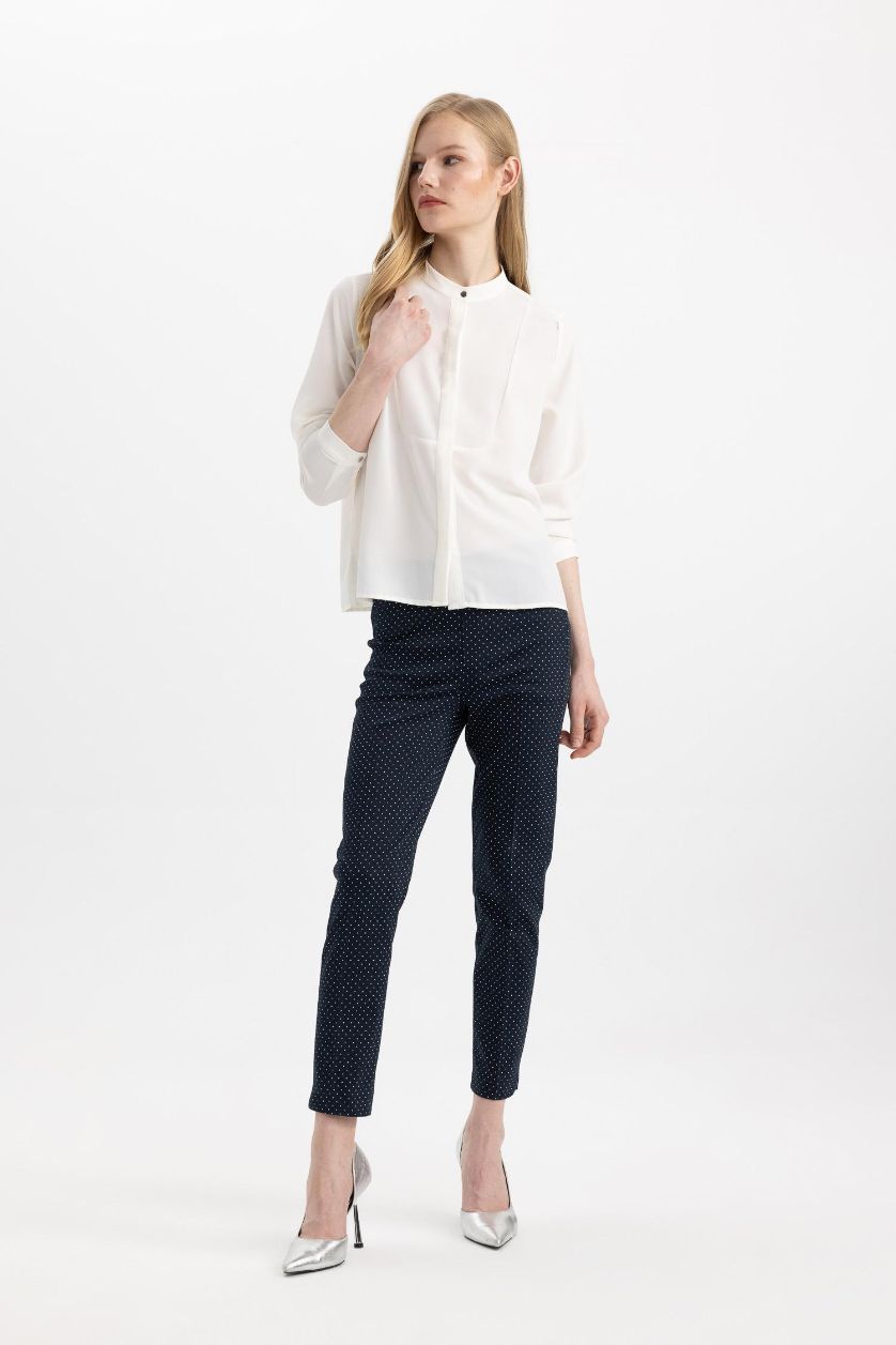 Kadın Lacivert Sigaret Saten Kumaş Pantolon Basic Düz Normal Bel Beli Lastikli Düz Paça