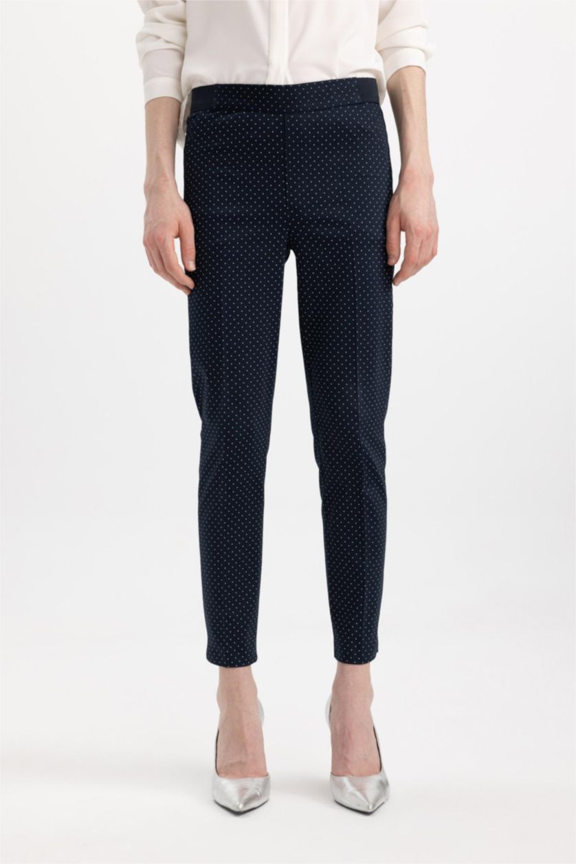 Kadın Lacivert Sigaret Saten Kumaş Pantolon Basic Düz Normal Bel Beli Lastikli Düz Paça