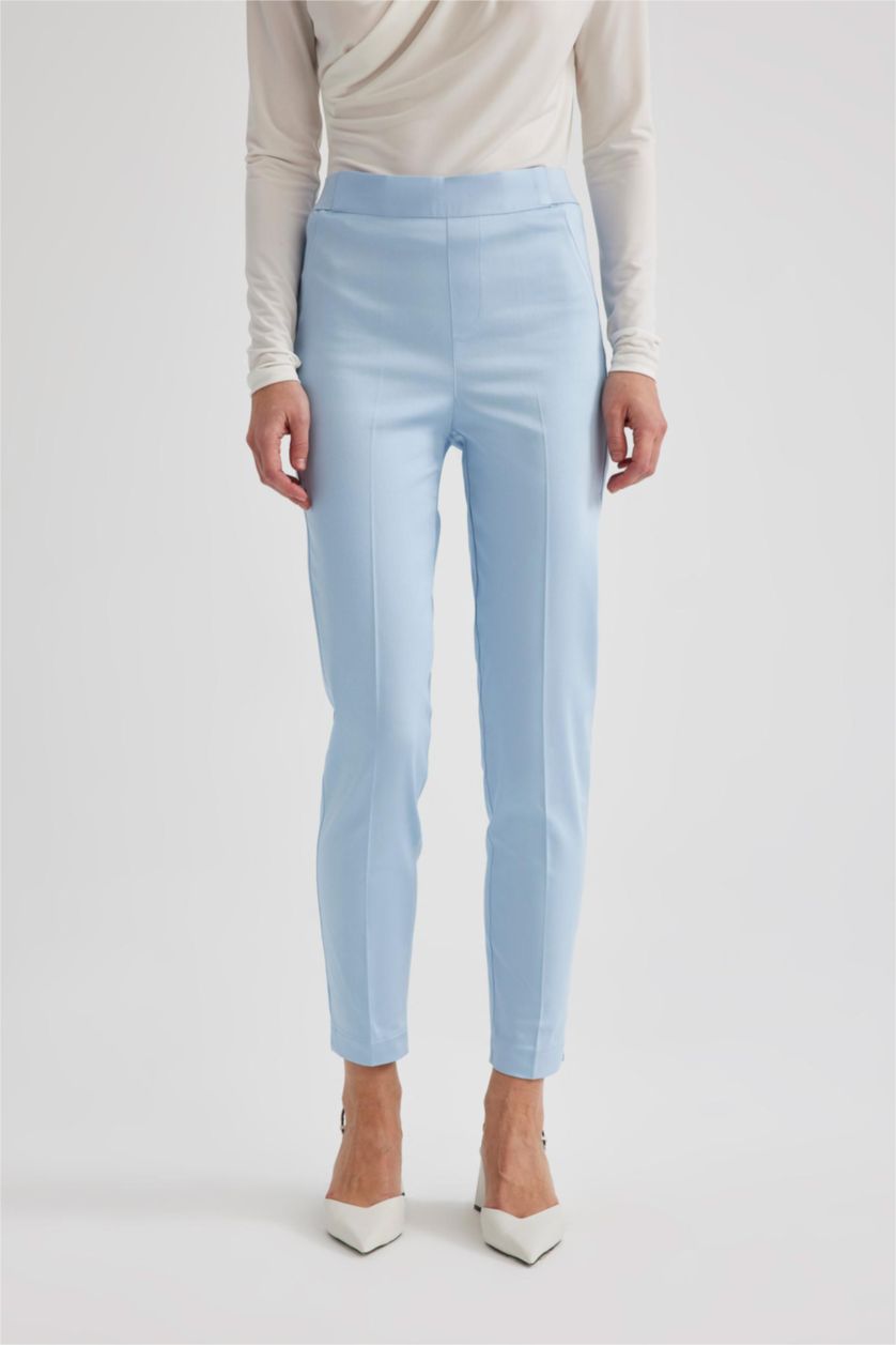 Kadın Açık Mavi Sigaret Saten Kumaş Pantolon Normal Bel Basic Düz Beli Lastikli Düz Paça