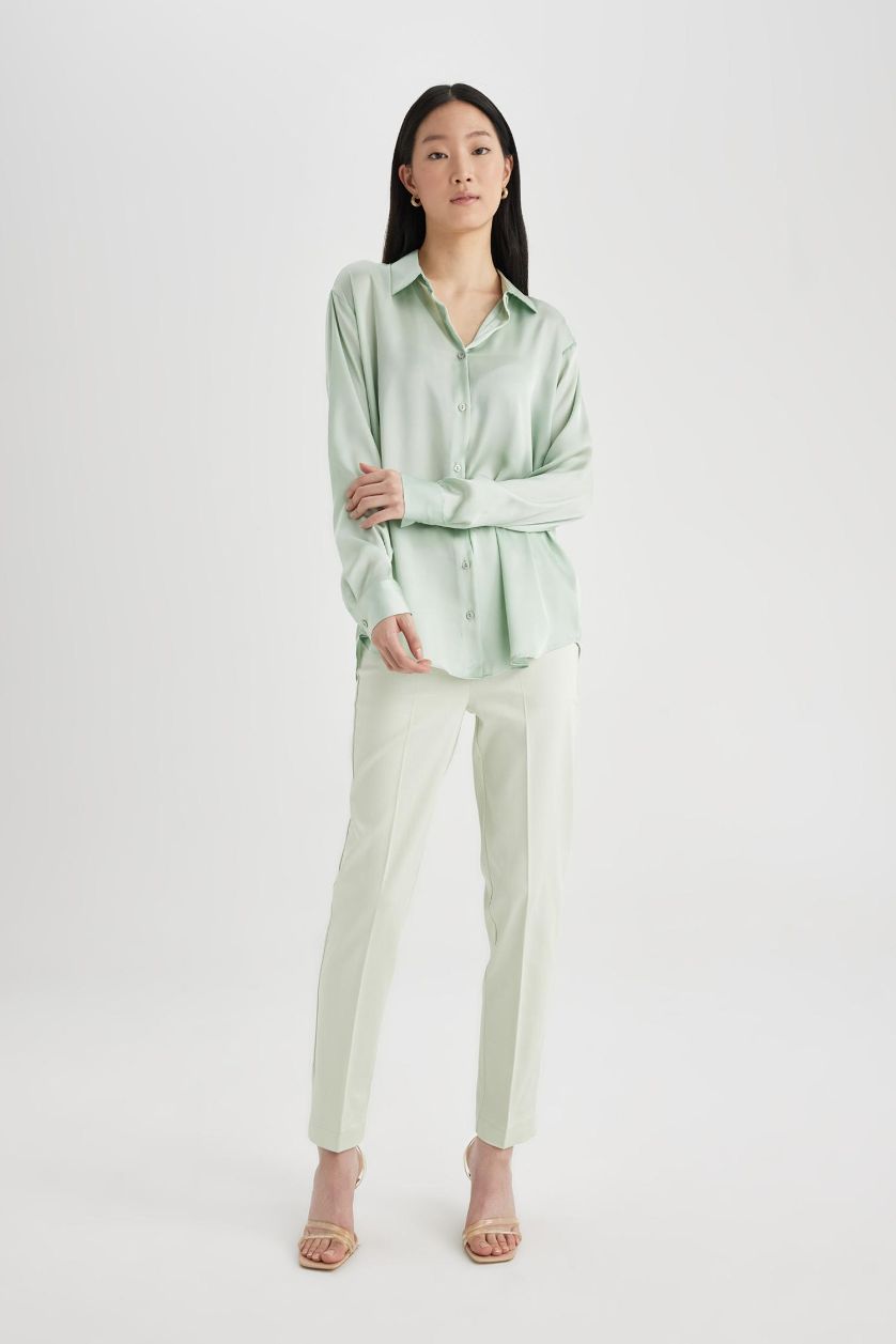 Woman Light Mint Cigarette Fit Regular Hem Satin Trousers