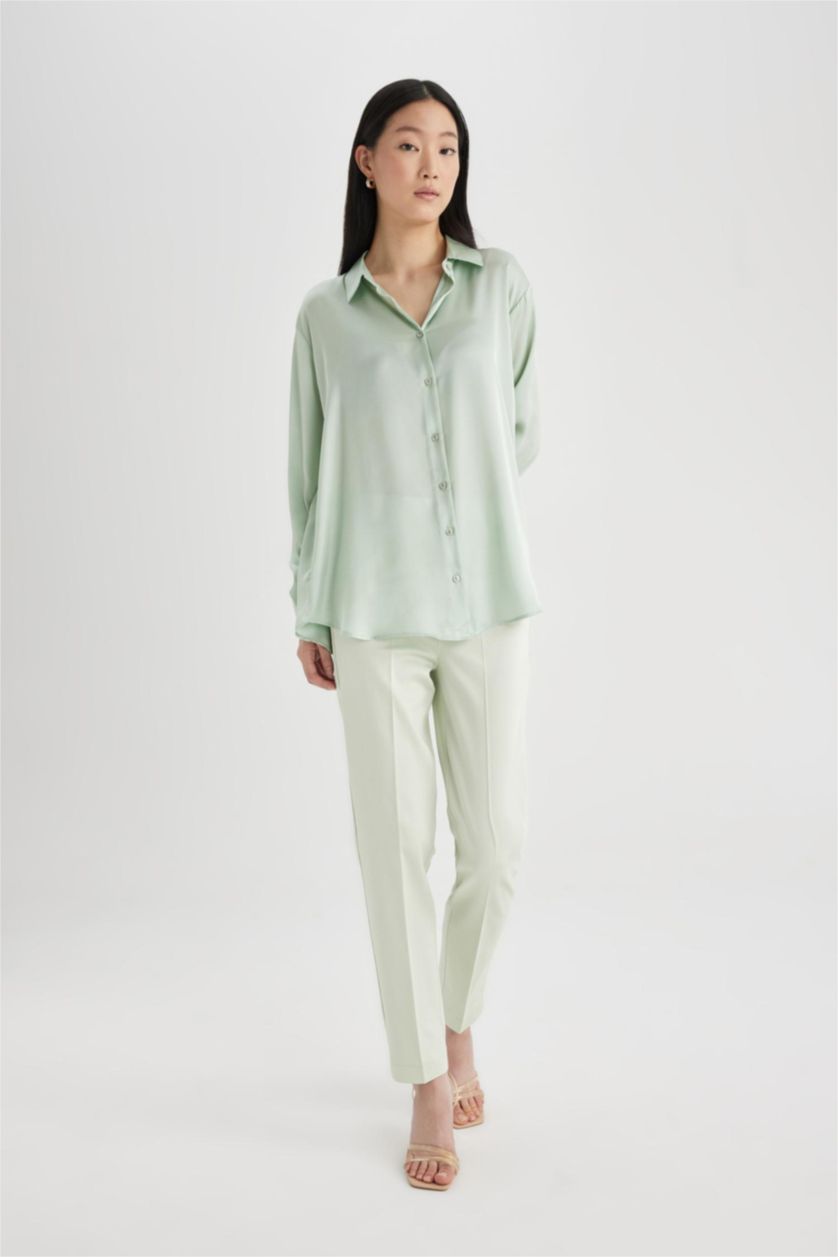 Woman Light Mint Cigarette Fit Regular Hem Satin Trousers