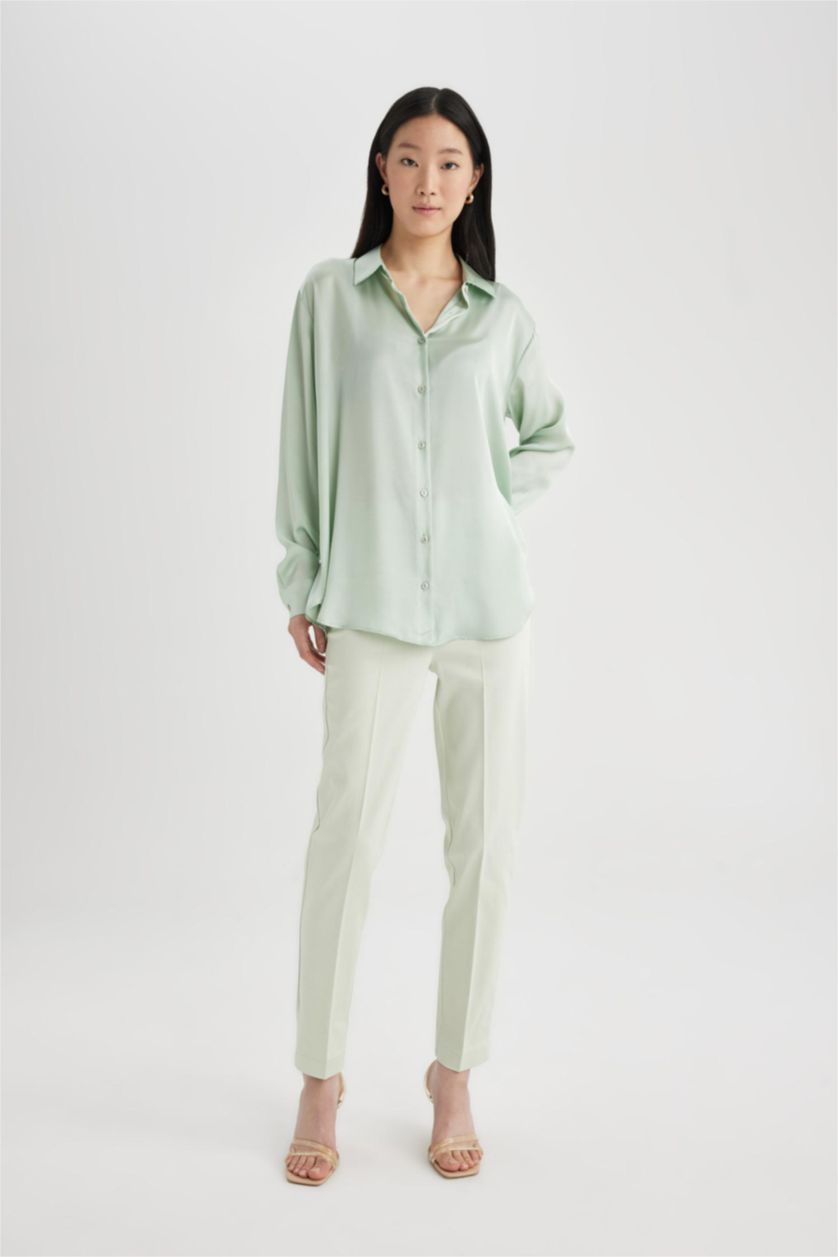 Woman Light Mint Cigarette Fit Regular Hem Satin Trousers
