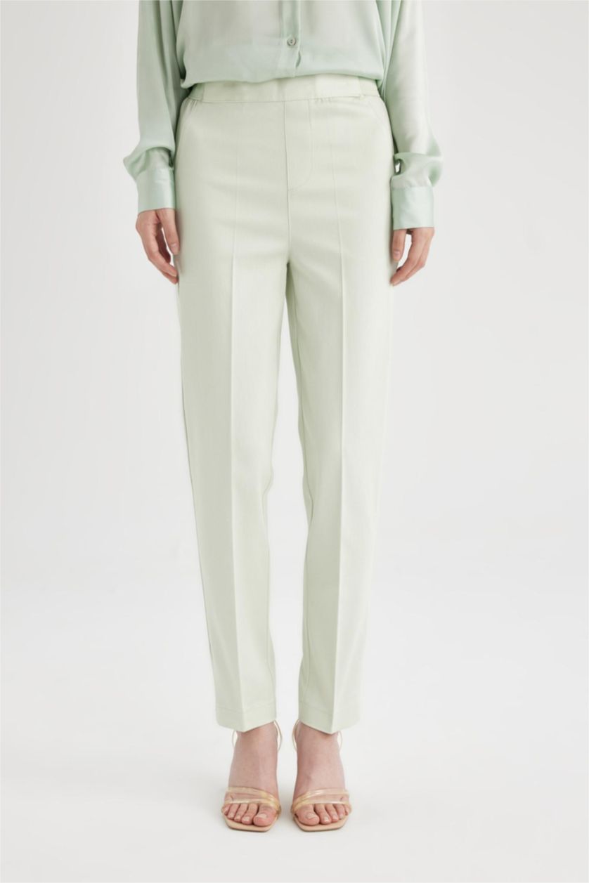 Woman Light Mint Cigarette Fit Regular Hem Satin Trousers