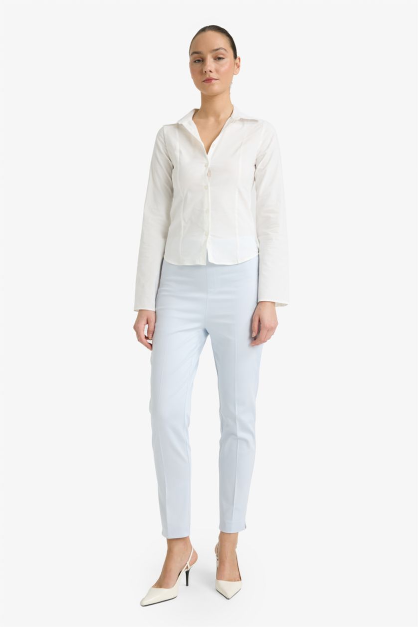 Woman Light Blue Satin Fabric Regular Waist Straight Leg Cigarette Trousers