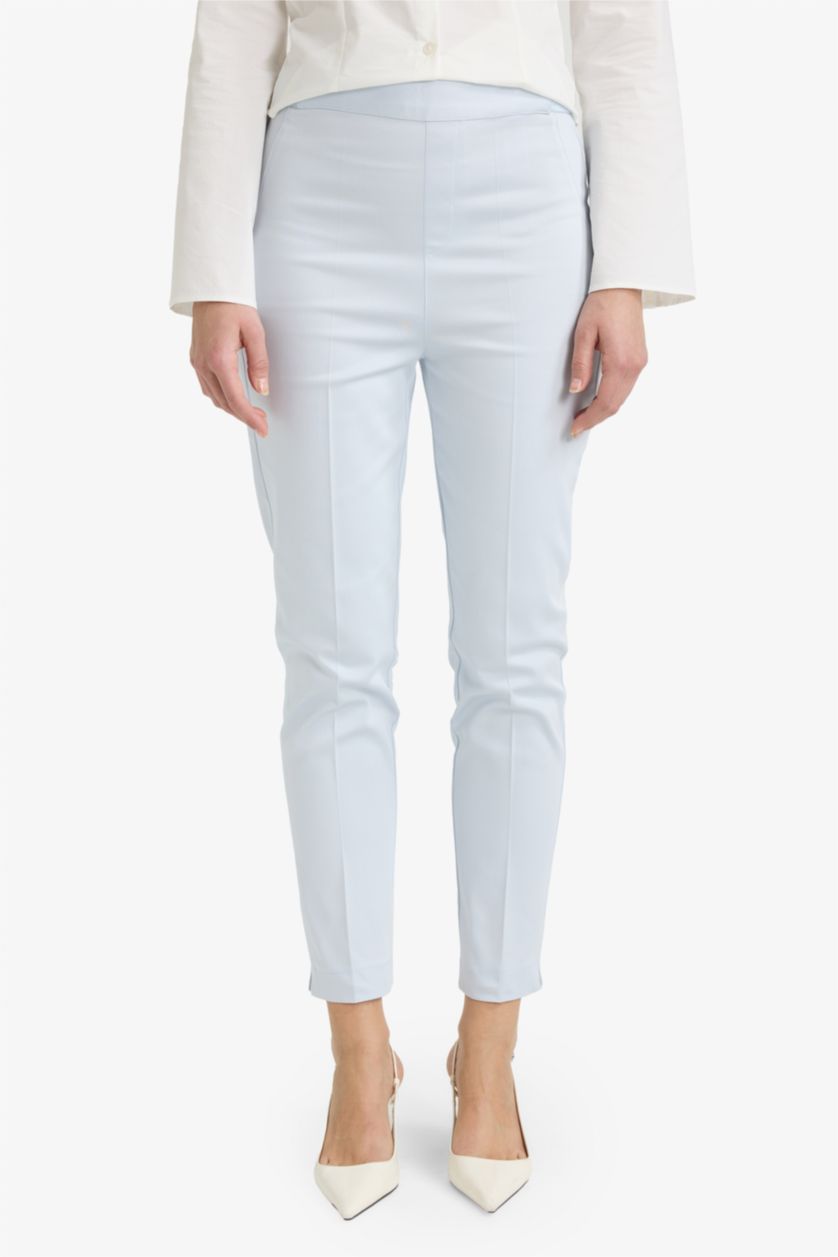 Woman Light Blue Satin Fabric Regular Waist Straight Leg Cigarette Trousers