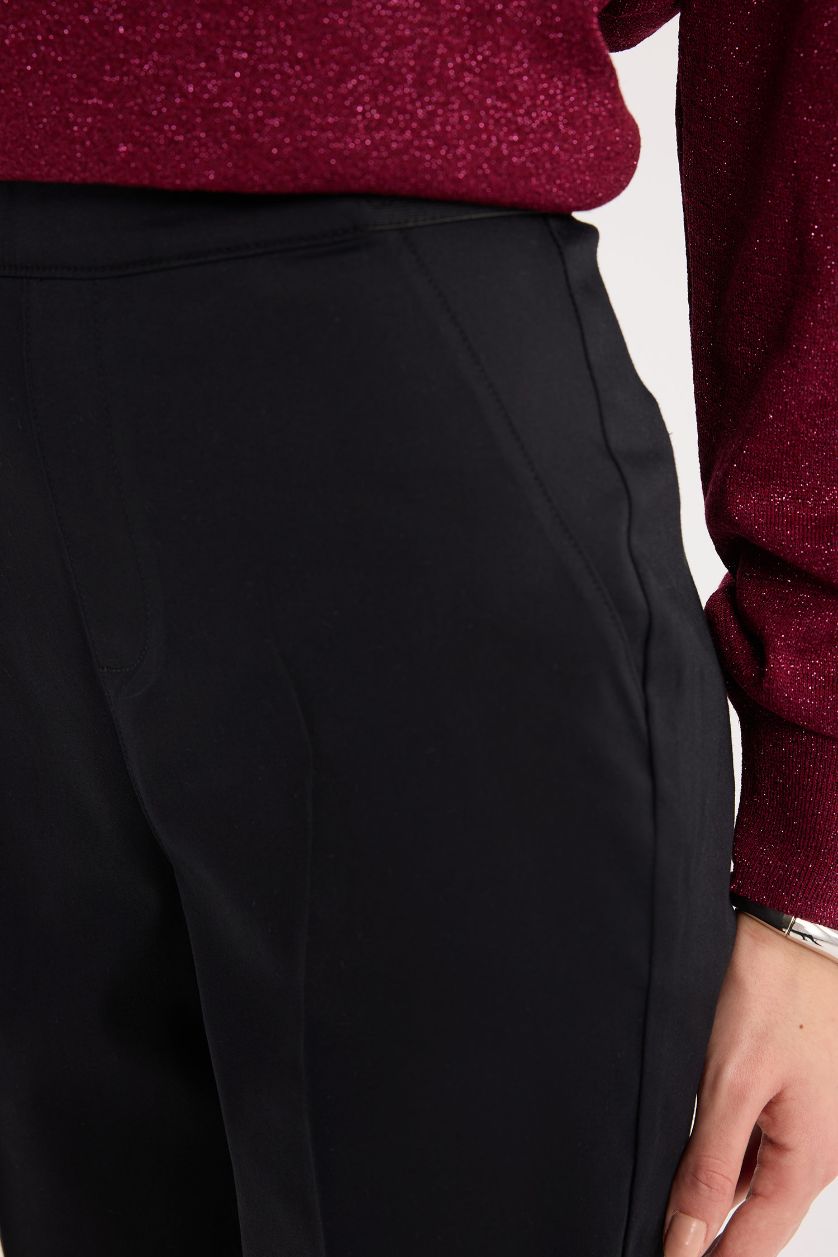 Kadın Siyah Sigaret Saten Kumaş Pantolon Normal Bel Basic Düz Beli Lastikli Düz Paça