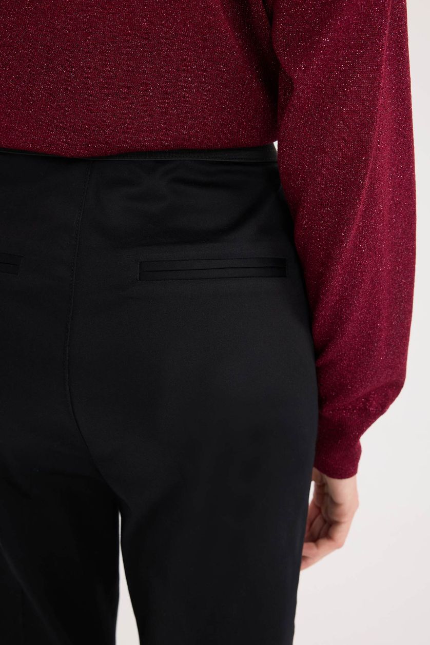 Kadın Siyah Sigaret Saten Kumaş Pantolon Normal Bel Basic Düz Beli Lastikli Düz Paça