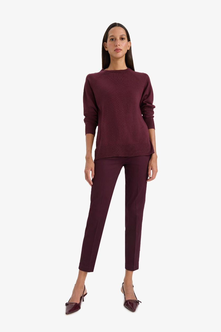 Woman Bordeaux Cigarette Fit Regular Hem Satin Trousers