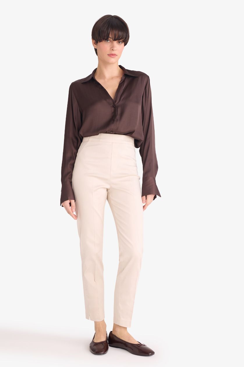 Woman Beige Cigarette Fit Regular Hem Satin Trousers