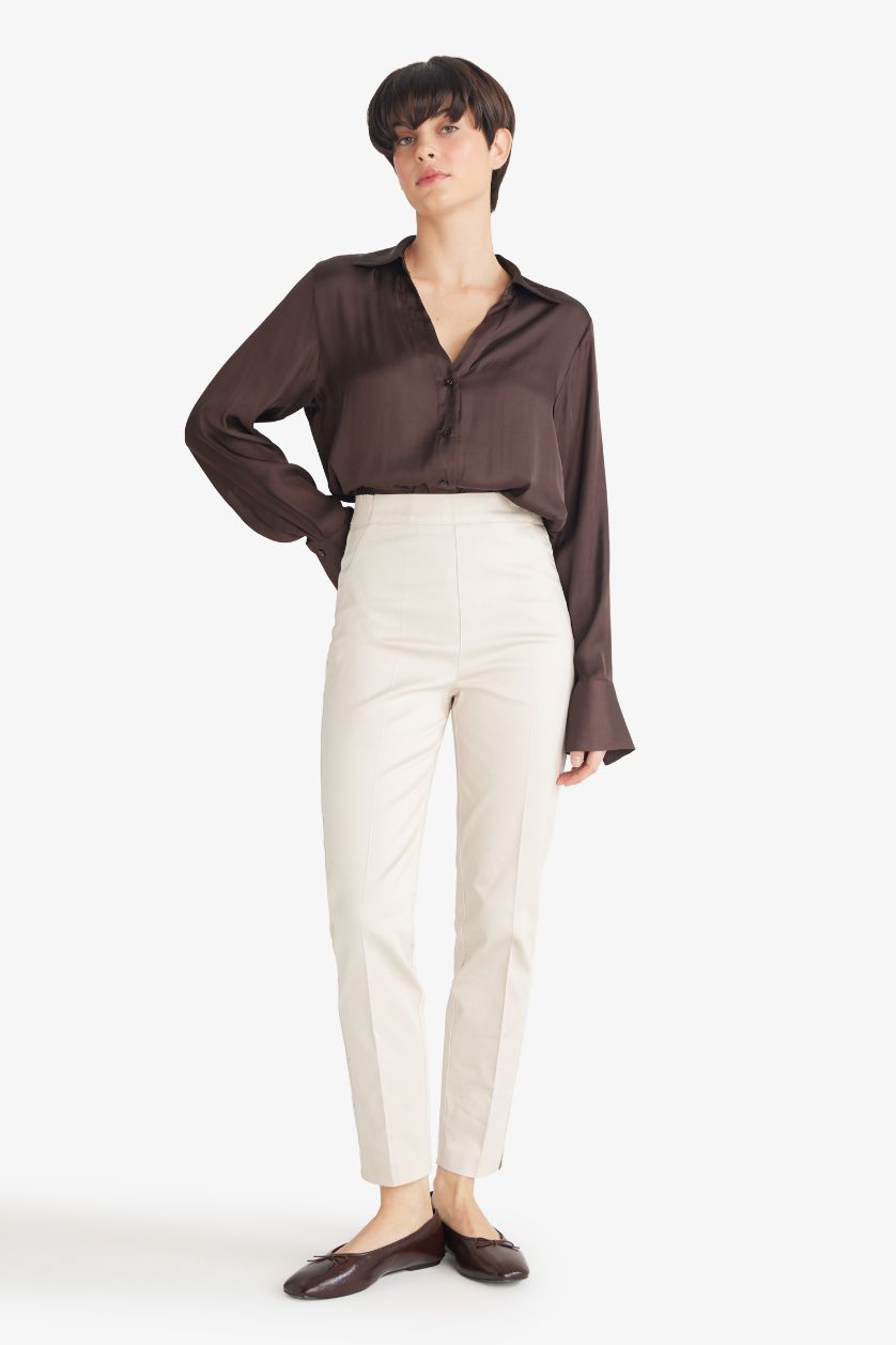 Woman Beige Cigarette Fit Regular Hem Satin Trousers