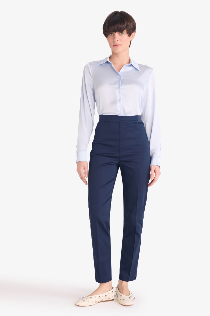 Woman NAVY Cigarette Normal Waist Satin Trousers