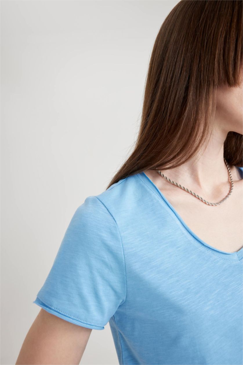 Женская Голубой Футболка стандартного кроя с V-образным вырезом из 100% хлопка
