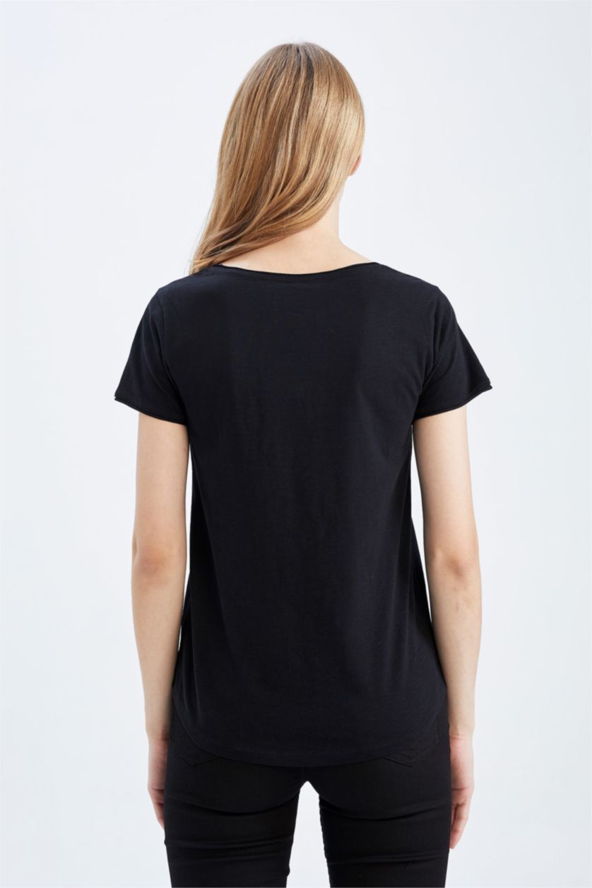 Kadın Siyah Regular Fit V Yaka Basic Düz  Kısa Kollu %100 Pamuk Tişört