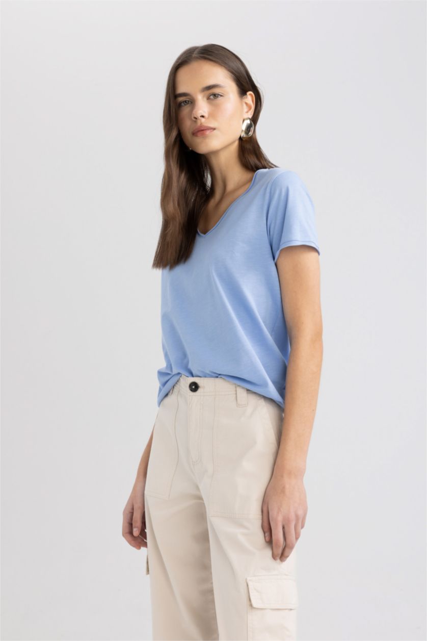 نساء أزرق تيشيرت نص ردن بياخة V قصة عادية