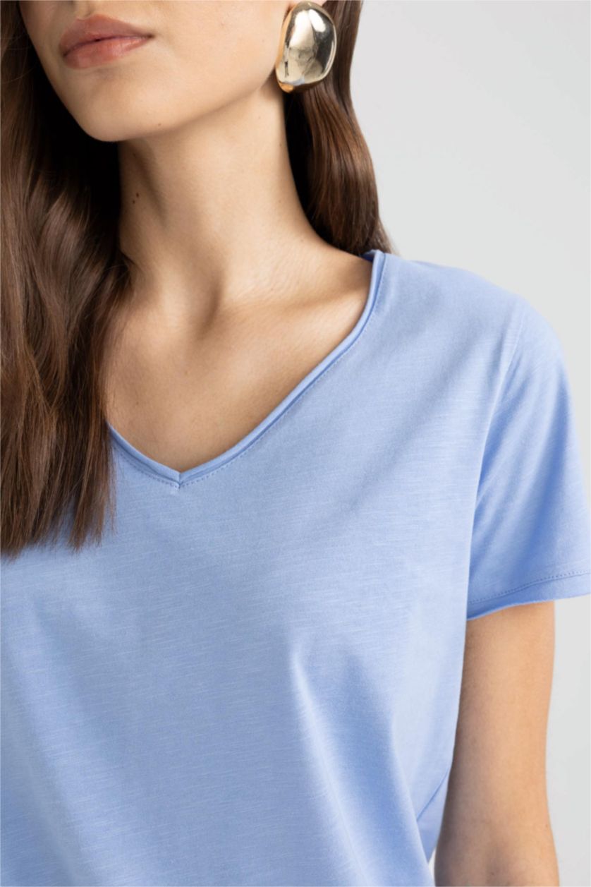 نساء أزرق تيشيرت نص ردن بياخة V قصة عادية