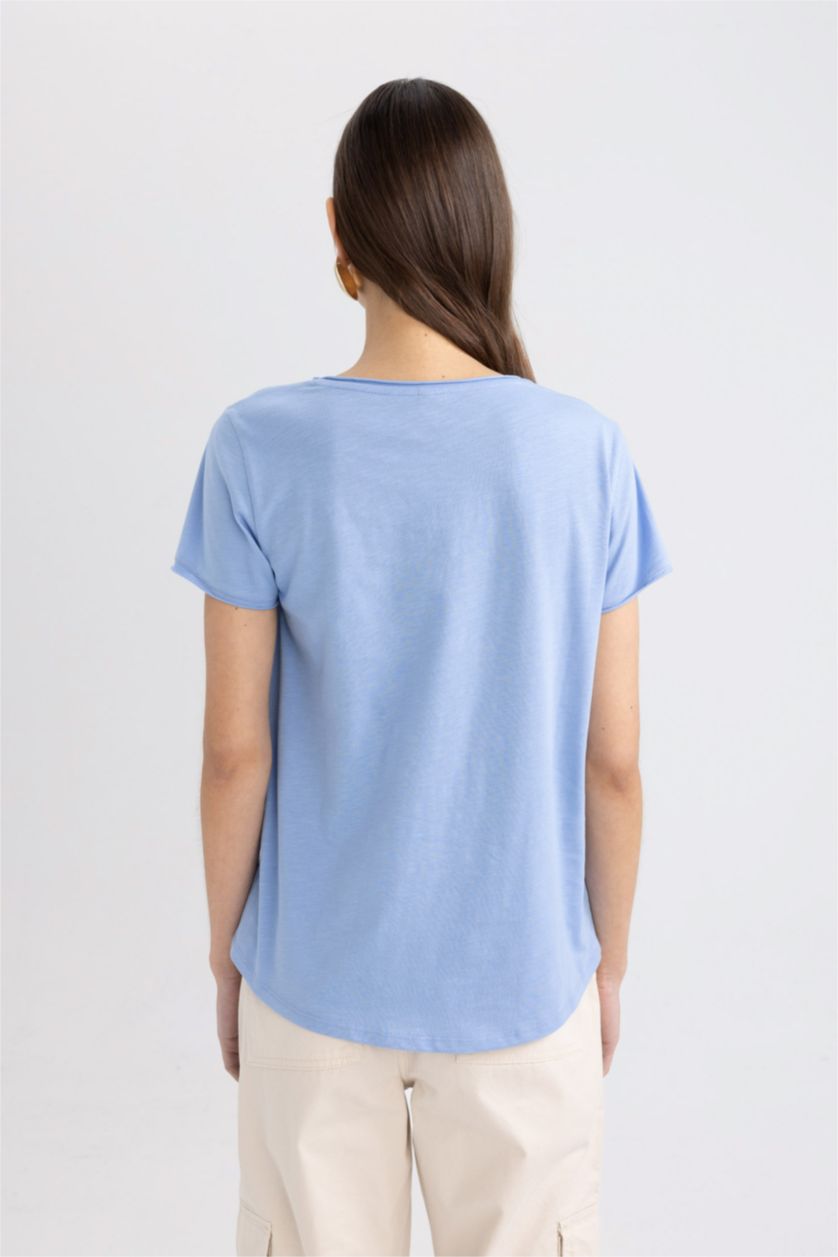 نساء أزرق تيشيرت نص ردن بياخة V قصة عادية