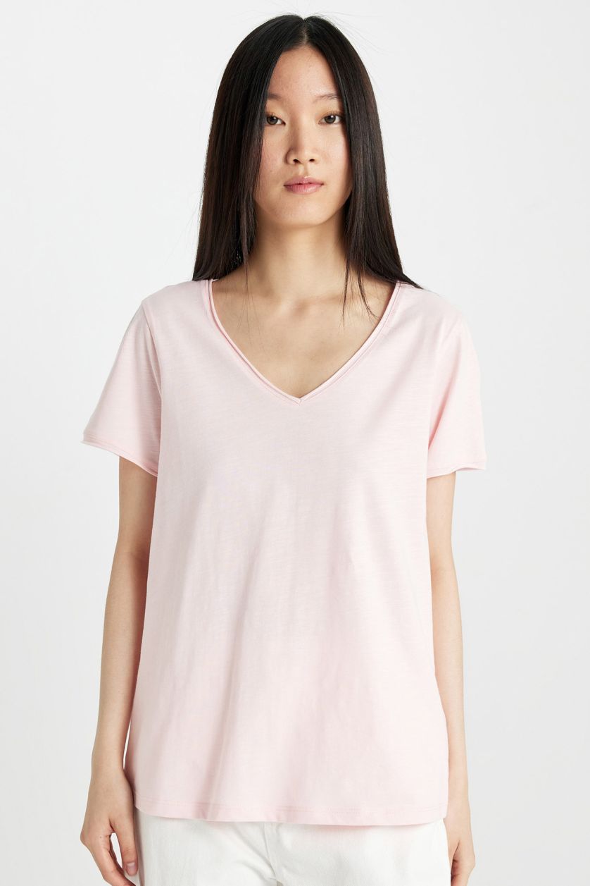 WOMAN Light Pink Regular Fit V-neck Short Sleeve T-Shirt
