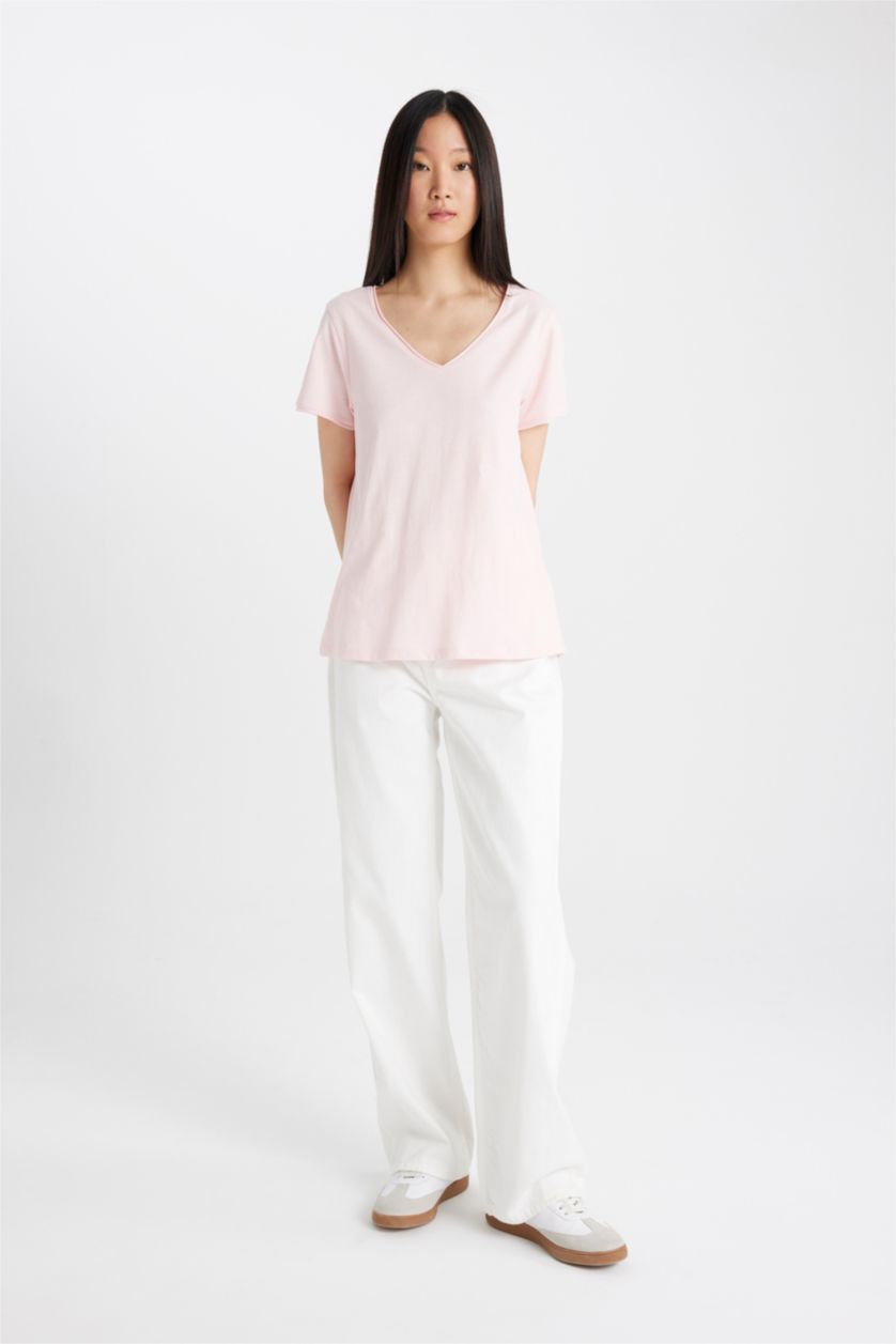 WOMAN Light Pink Regular Fit V-neck Short Sleeve T-Shirt