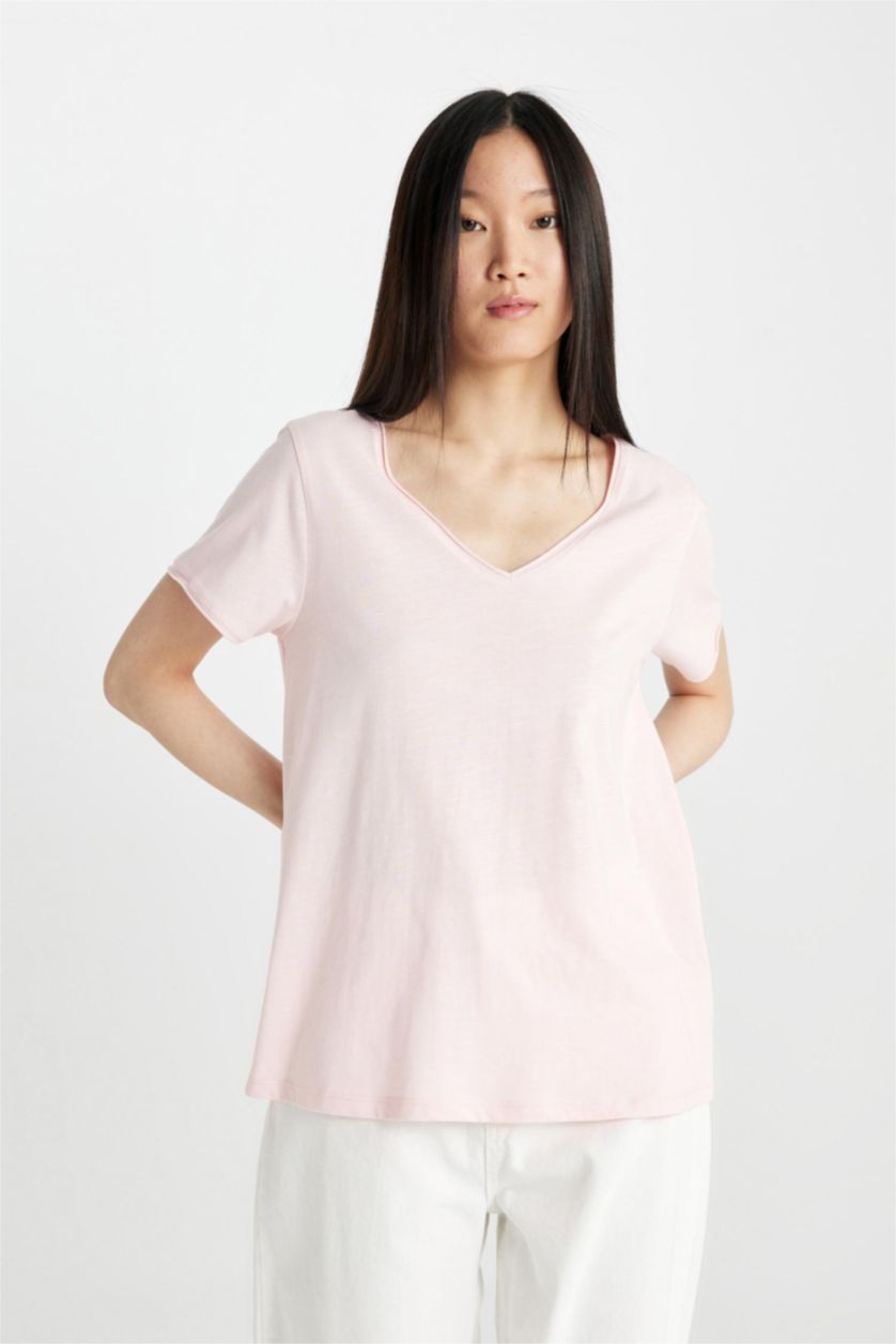WOMAN Light Pink Regular Fit V-neck Short Sleeve T-Shirt