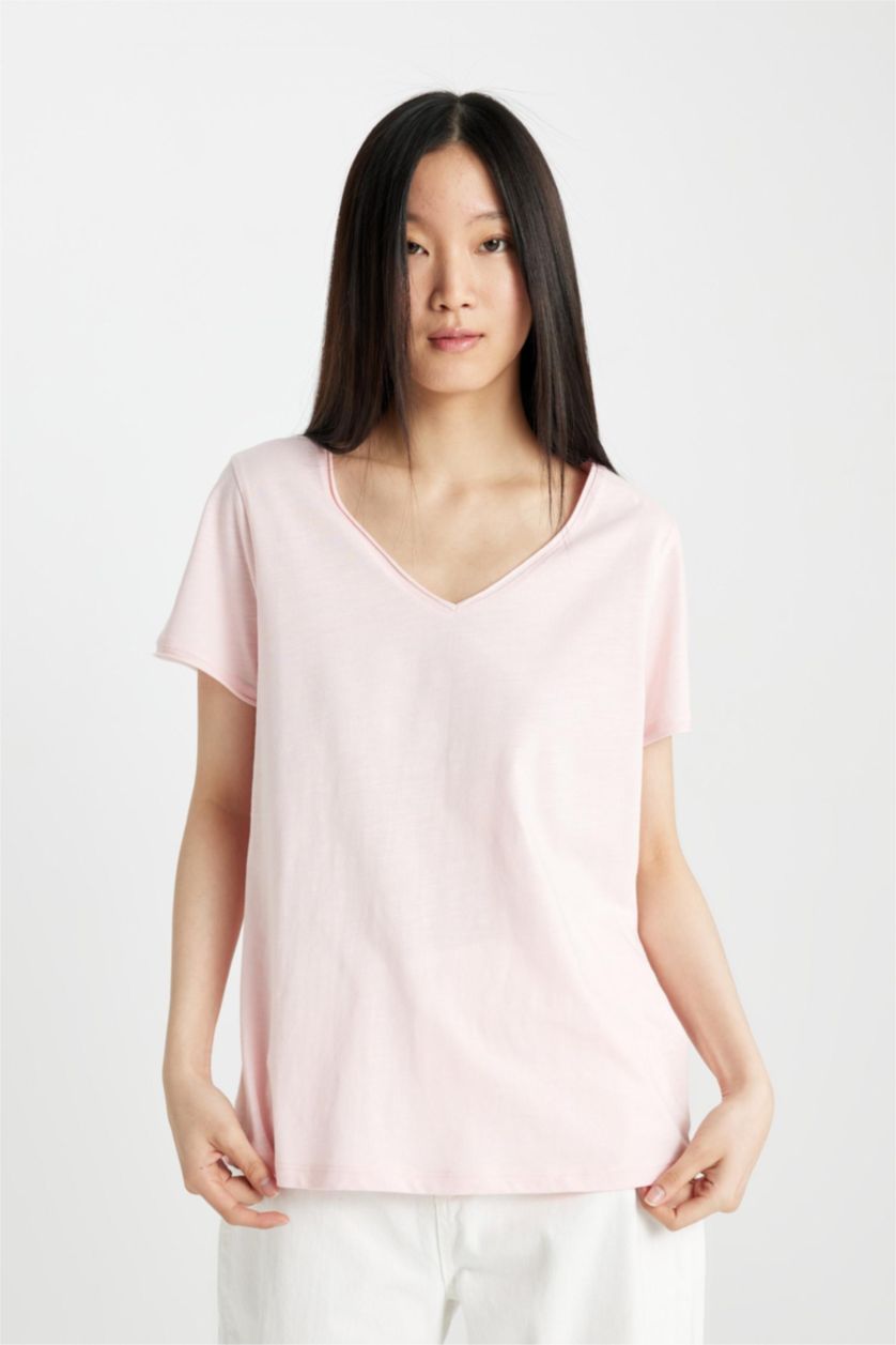 WOMAN Light Pink Regular Fit V-neck Short Sleeve T-Shirt